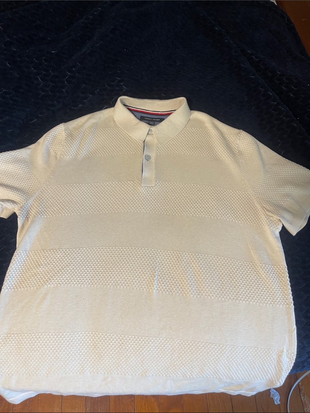 Tommy Hilfiger Cream Knit Polo with Subtle Stripe Texture